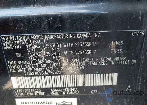 2018 Toyota Rav4 Xle из США, поврежденный, VIN 2T3RFREV6JW752622